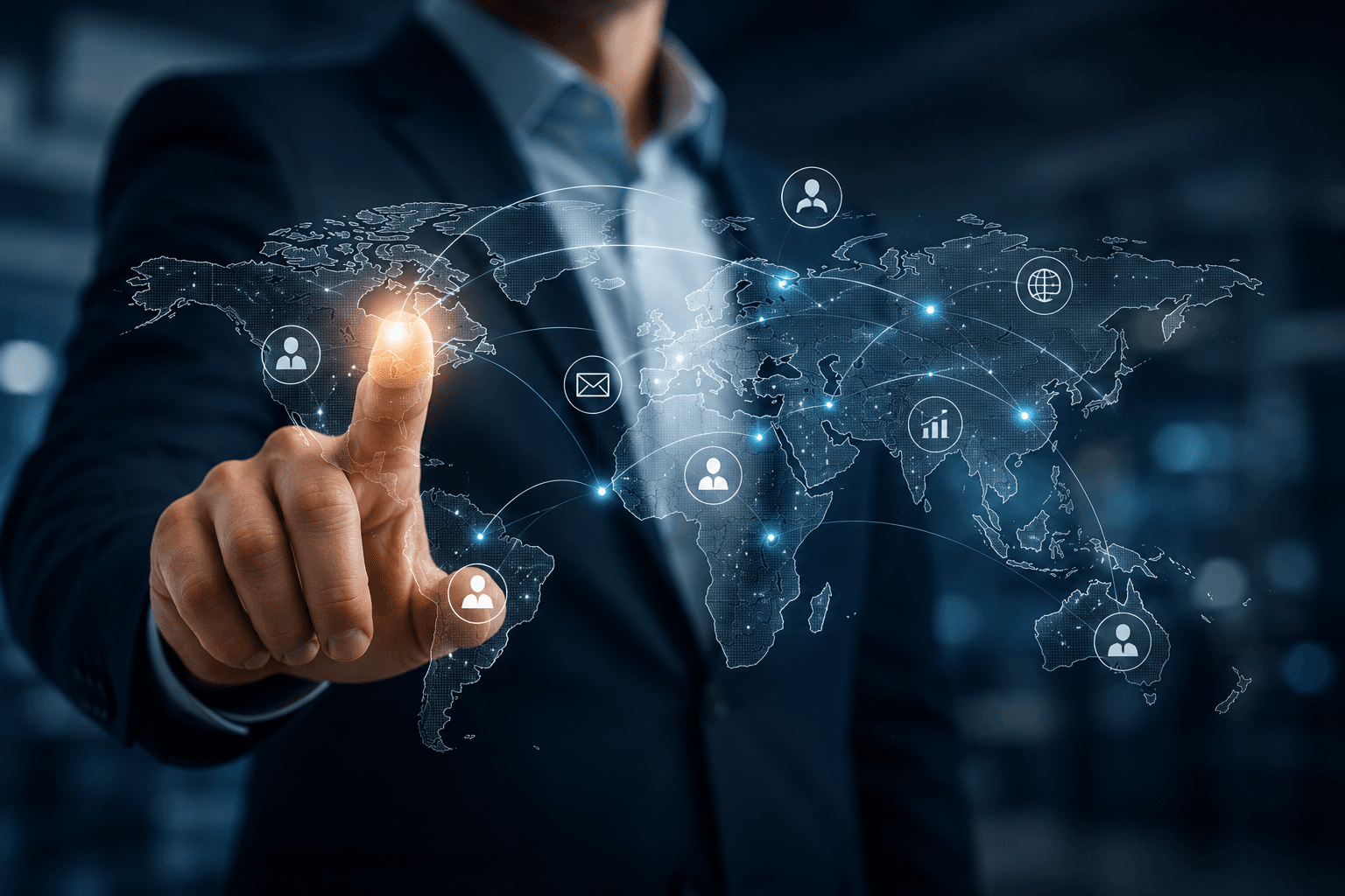 Profesional señalando un mapa mundial digital con iconos de red y contactos internacionales