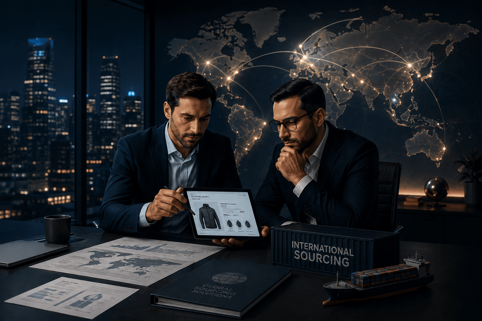 Dos profesionales revisando la ficha técnica de un producto y documentación de sourcing en una tablet